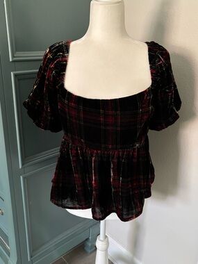 Francesca's Velvet Plaid Peplum Top in Burgundy Plaid